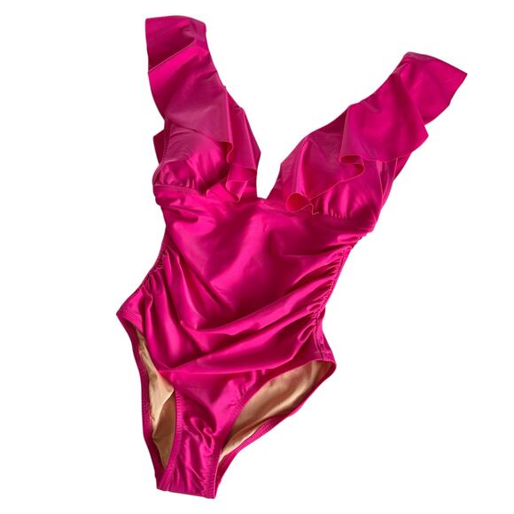 J.Crew Radiant Fuchsia Pink Ruched Ruffle One Piece Swimsuit Women's Size 6 NWT - Picture 1 of 9